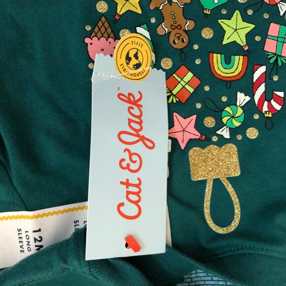 Cat & Jack NWT Toddler Girl's Green Christmas Ornament Tee Long Sleeve 12M - Picture 6 of 7